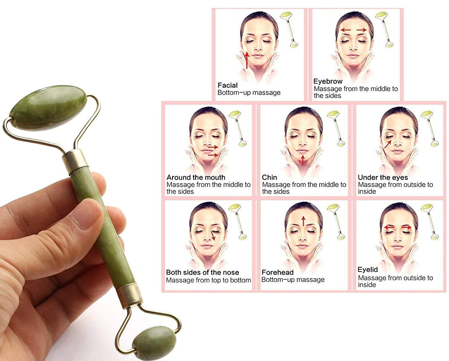 Lusty Soul Jade Double Ended Green Stone Face Massager & Roller with Jar Puff Set - 2 Piece Skincare Tools for Facial Massage, Anti-Aging & Relaxation - Perfect for Home Spa, Self-Care & Beauty Routine