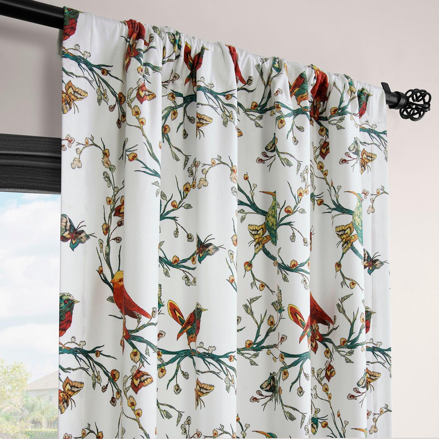 Botanic Garden White Abstract Barcelona Velvet Blackout Curtains for Living Room & Bedroom - Thermal Insulated Window Drapes for Home Decor