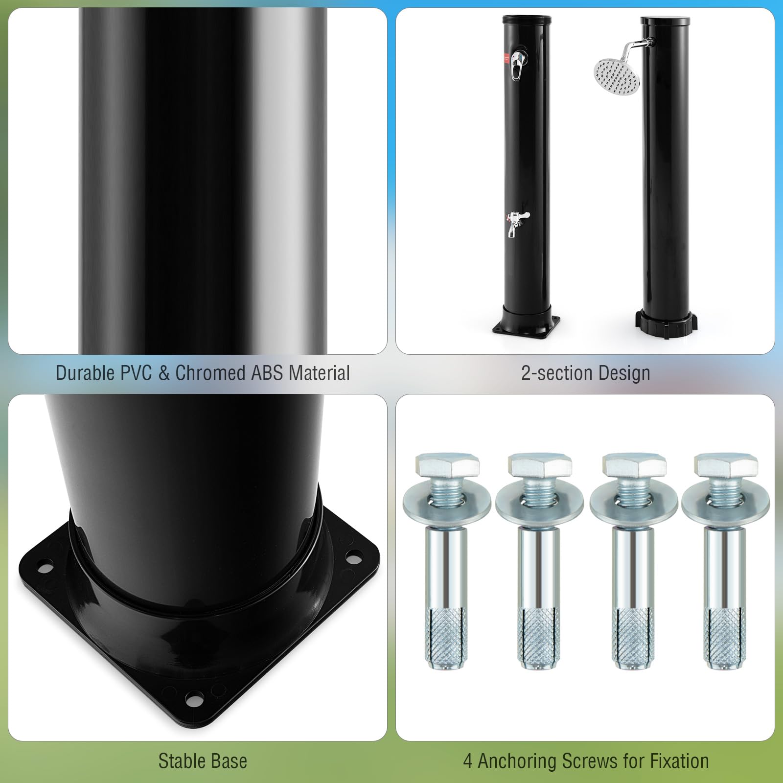 Goplus 10 Gallon Solar Heated Outdoor Shower - 7.2 FT Freestanding Garden Pool Shower with Rotating Shower Head, Temperature Control & Foot Wash - Perfect for Backyard, Beach, Camping & RV Use (Black)