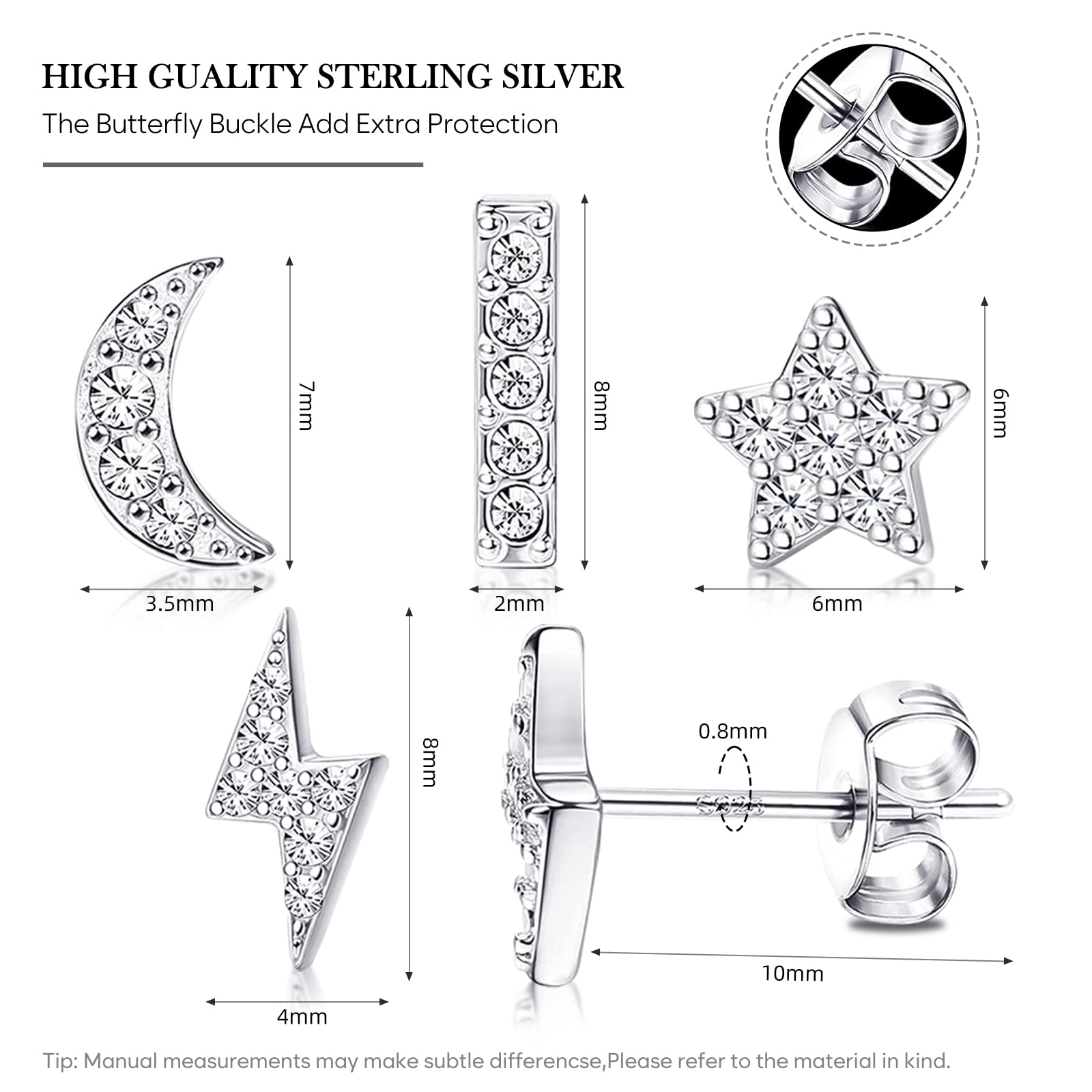 14K Gold Plated Sterling Silver Post Stud Earrings Set - 3 Pairs Hypoallergenic Tiny Stud Earrings with Cubic Zirconia (CZ) | Moon & Star Design for Women | Perfect for Everyday Wear, Gift Giving & Special Occasions