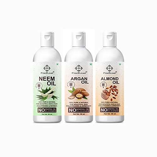 PuriFlame 100% Pure Neem Oil, Argan Oil & Almond Oil Combo Set (50ML Each) - Natural Hair Growth Treatment for Thicker, Stronger Hair - Reduces Hair Fall & Split Ends - Promotes Soft, Shiny Locks - Perfect for Daily Hair Care Routine & Scalp Massage