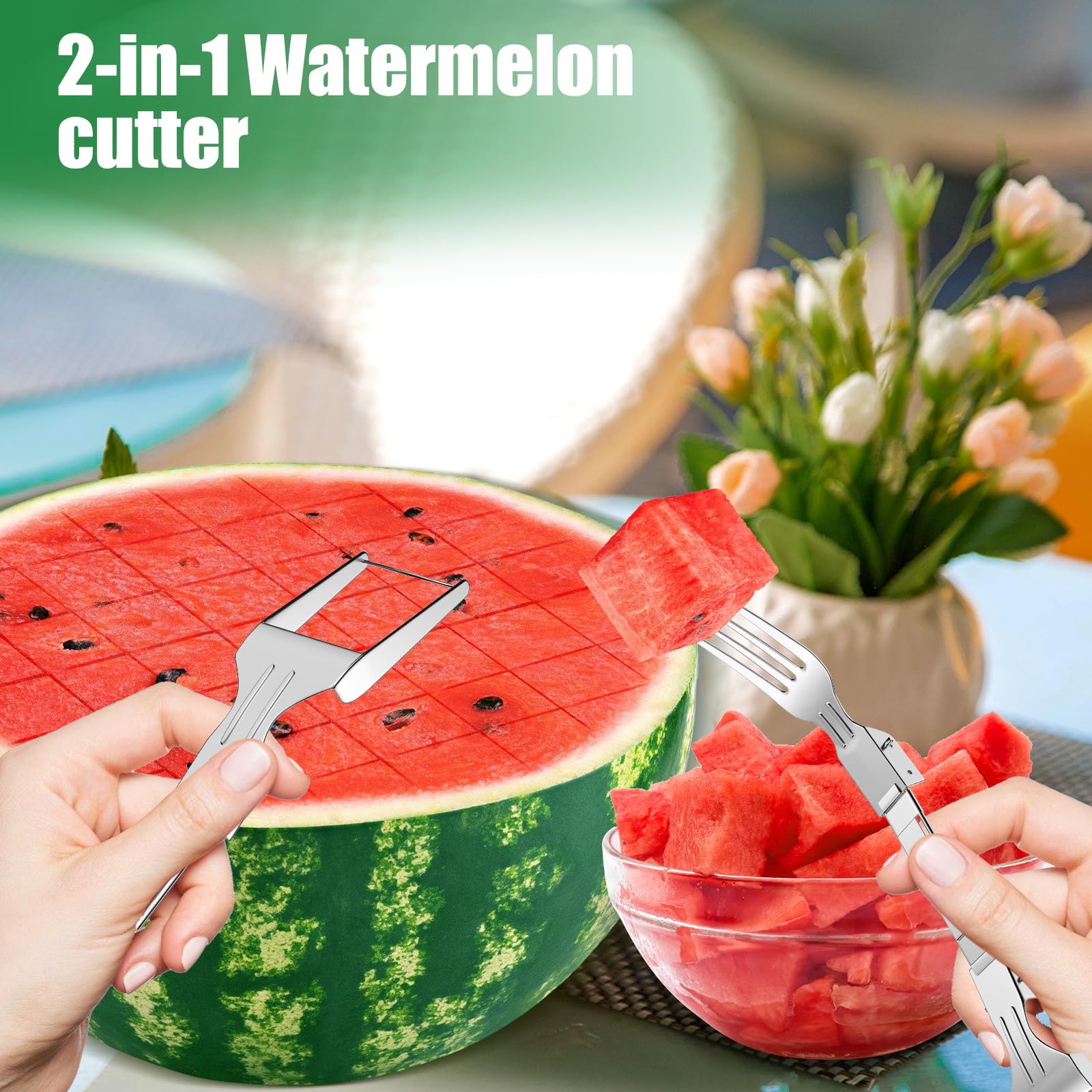 2-in-1 Stainless Steel Watermelon Cutter & Slicer - Portable Foldable Dual Head Fruit Fork & Knife for Kitchen, Picnics & Outdoor BBQ Parties