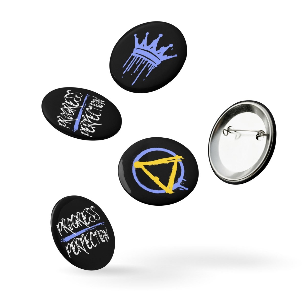 Progress Not Perfection & Graffiti Sobriety Symbol Pin Button Set (Blue) - Motivational Recovery Pins for AA Meetings, Sober Gifts & Addiction Awareness