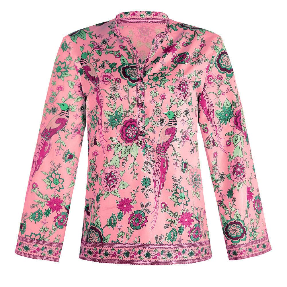 Bohemian Floral Print V-Neck Long Sleeve Blouse for Women - Casual Loose Fit Button Down T-Shirt Top for Everyday Wear, Date Night & Spring Outfits