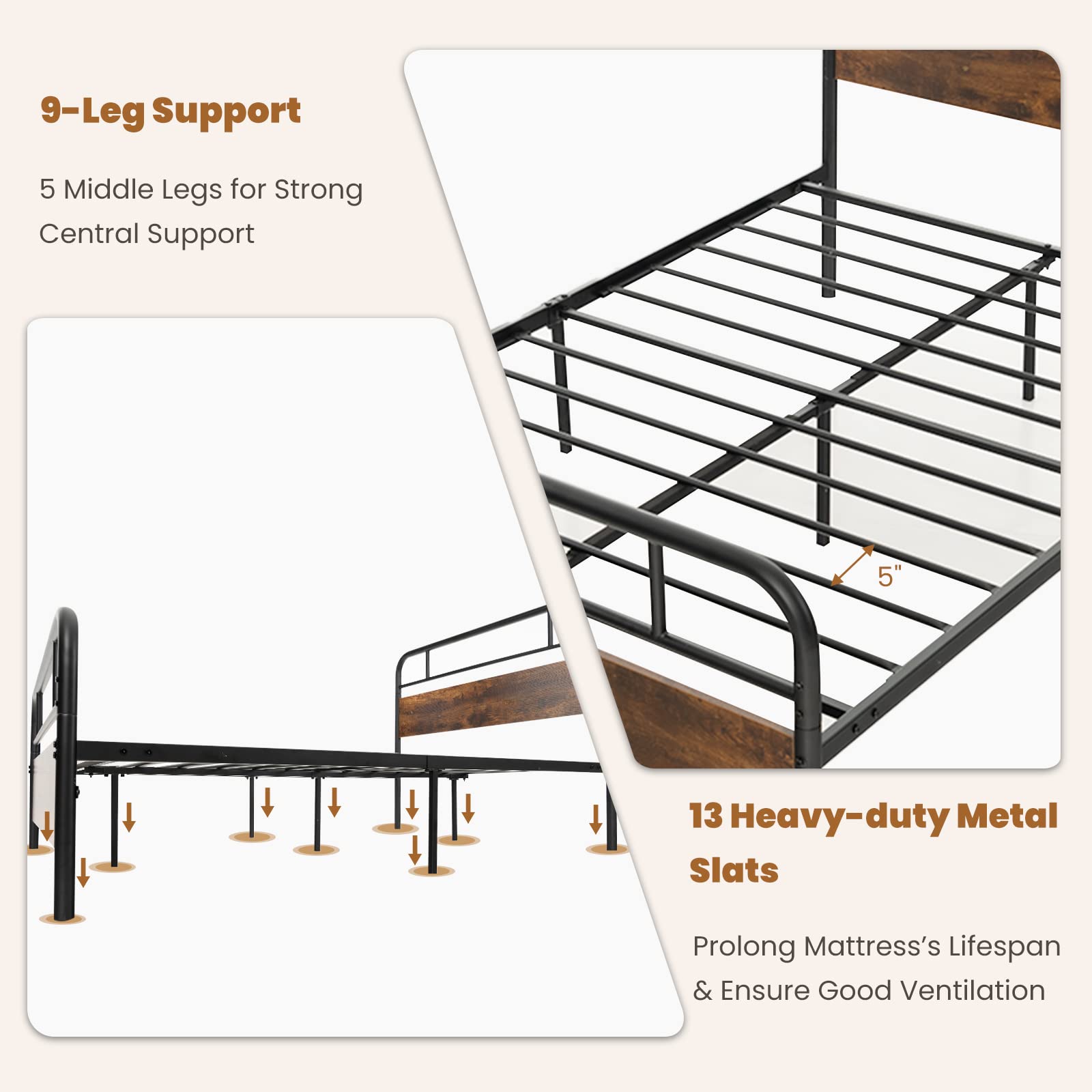 Giantex Queen Size Metal Bed Frame with Wood Headboard & Footboard - Heavy Duty Platform Bed with Reinforced Metal Slats, No Box Spring Needed - Rustic Brown Industrial Style Bed Frame for Bedroom, Guest Room, or Dorm