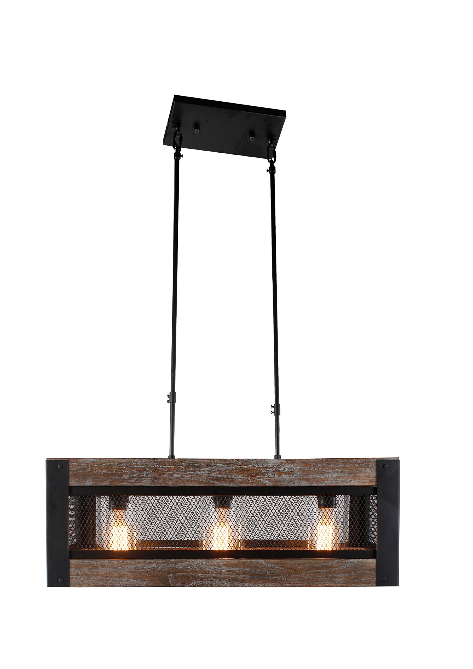 24 Inch Wide Wooden Rectangular Farmhouse Pendant Light with Wire Mesh - Rustic 3-Light Chandelier for Kitchen Island, Dining Room & Farmhouse Decor