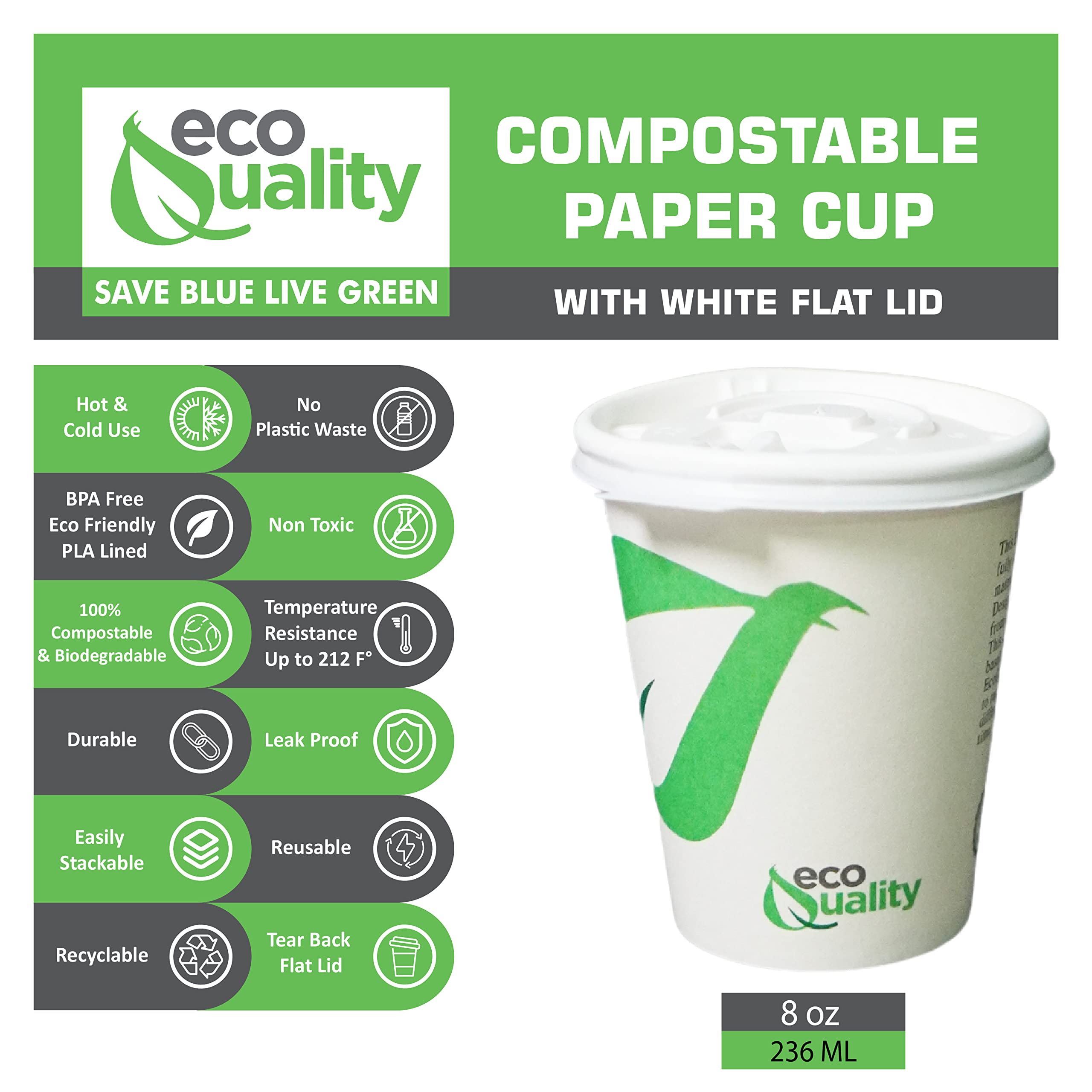 8 oz Compostable Paper Coffee Cups with White Flat Lids - Biodegradable PLA Lined Disposable Cups for Hot & Cold Drinks - Eco-Friendly Party, Office, or Cafe Use (400 Pack)