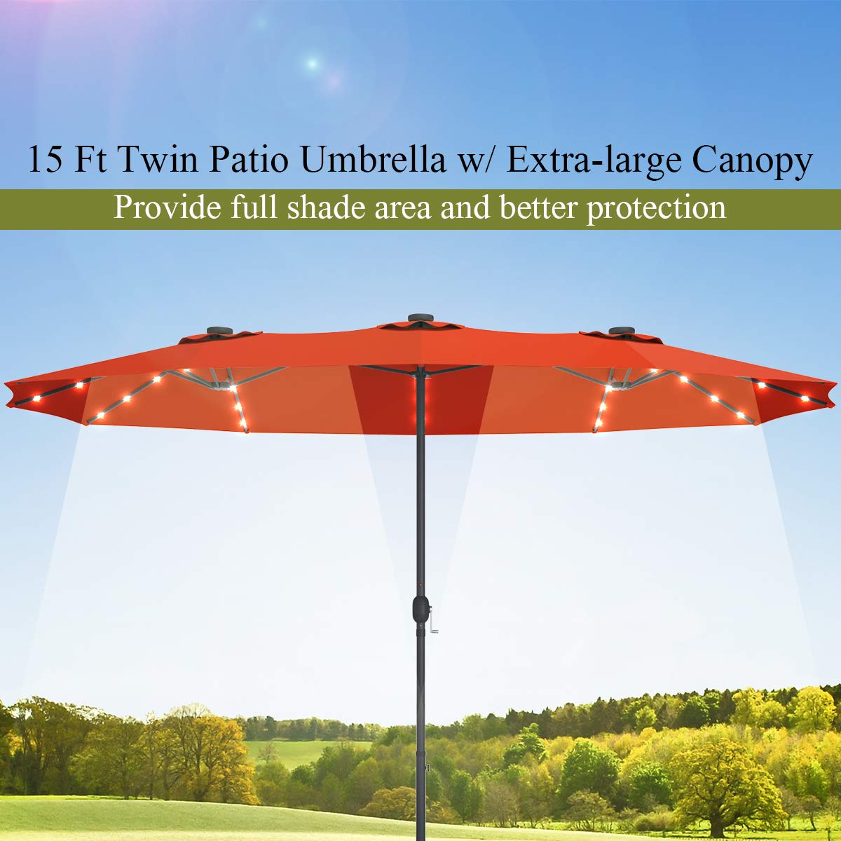 Tangkula 15 Ft Solar LED Patio Double-Sided Umbrella with Heavy Duty Base - Extra Large Outdoor Twin Umbrella with 36 Solar Powered LED Lights & Easy Crank System - Perfect for Garden, Deck, Poolside, Patio Furniture (Orange) | Ideal for Outdoor Dining, Backyard Parties & Summer Relaxation