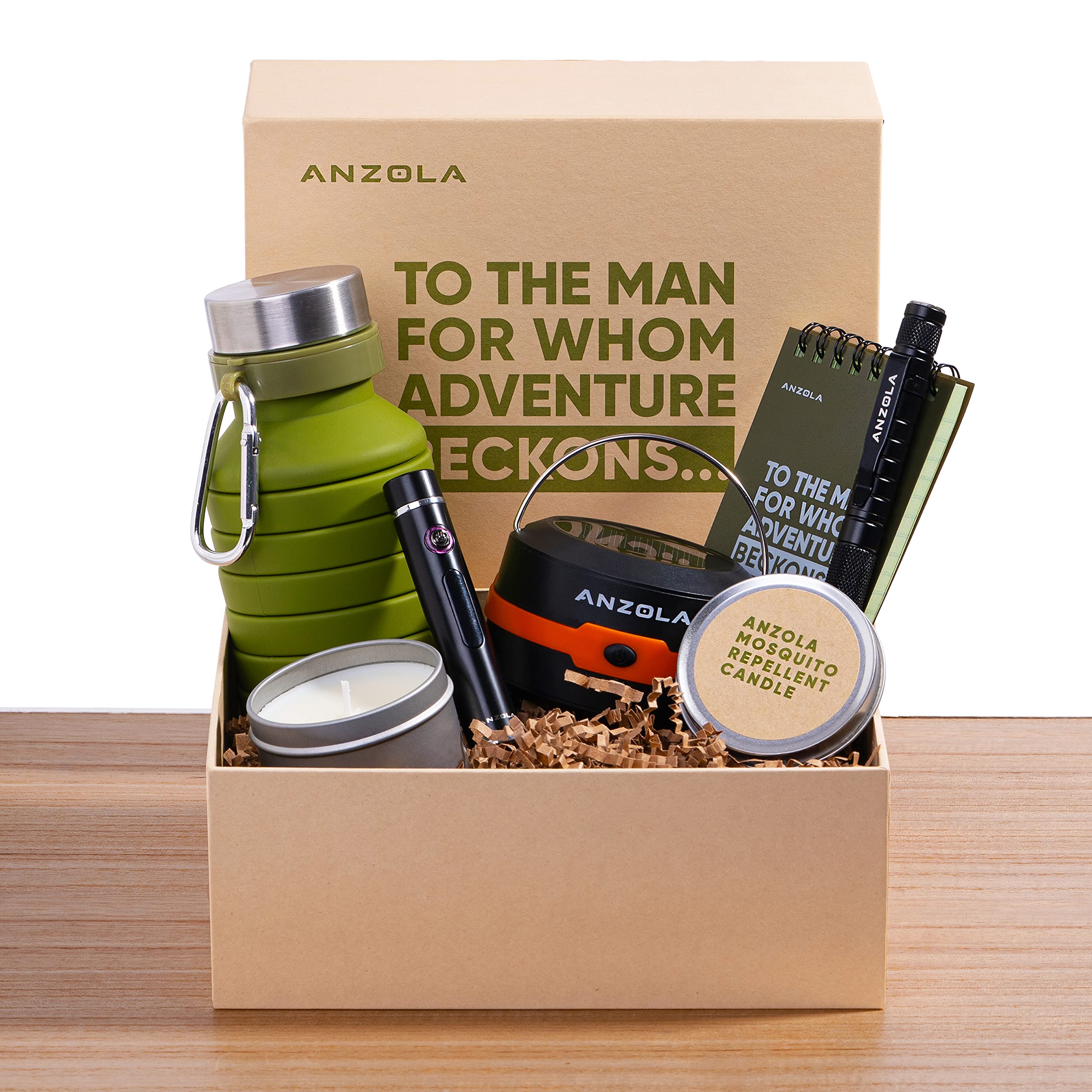 Premium Camping Gift Set for Men - Travel Bottle, Waterproof Notepad, Solar Charger with Flashlight, USB Lighter & Tactical Pen - Perfect for Father's Day, Birthday Gifts for Dad, Husband or Boyfriend - Ideal for Outdoor Adventures, Hiking, Camping Trips & Emergency Preparedness