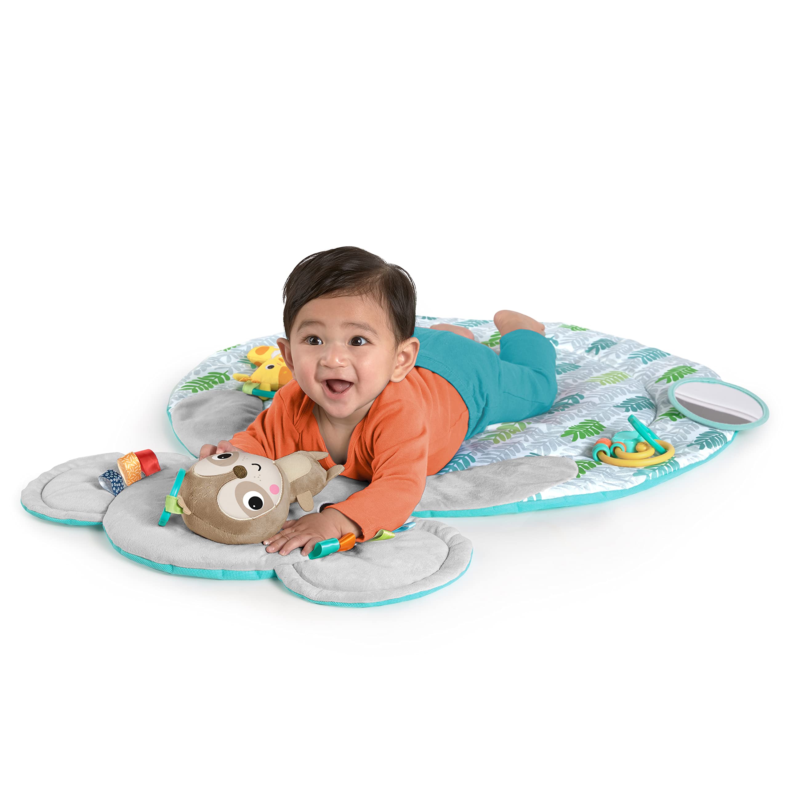 Bright Starts Hug 'n Cuddle Elephant Activity Baby Gym & Tummy Time Play Mat with 5 Take-Along Toys for Newborns 0-12 Months - Perfect for Infant Development, Sensory Play & Nursery Decor