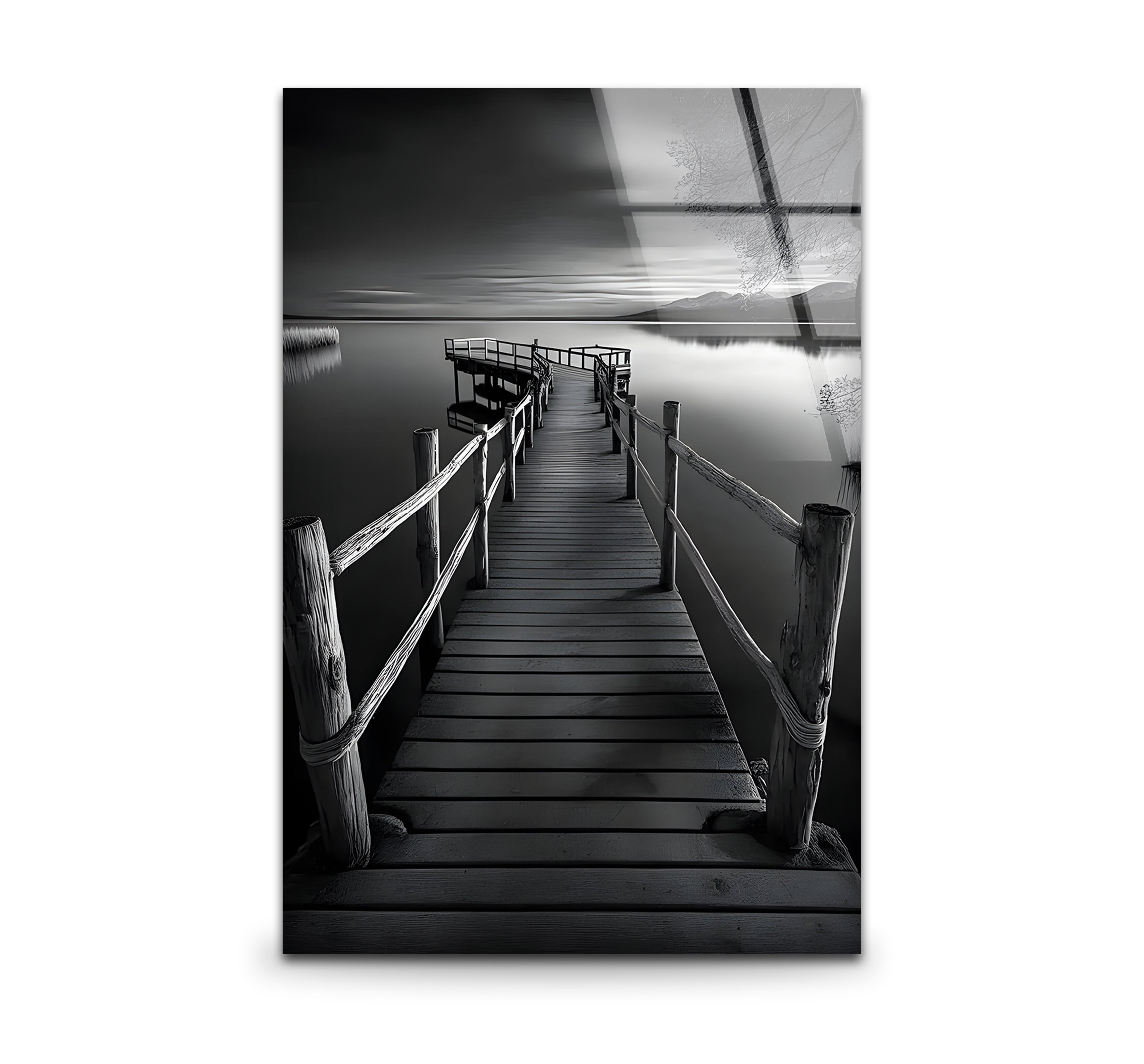 Black and White Dock Landscape Glass Wall Art - Modern Framed Home Decor for Living Room, Bedroom, Office | Coastal Nautical Theme