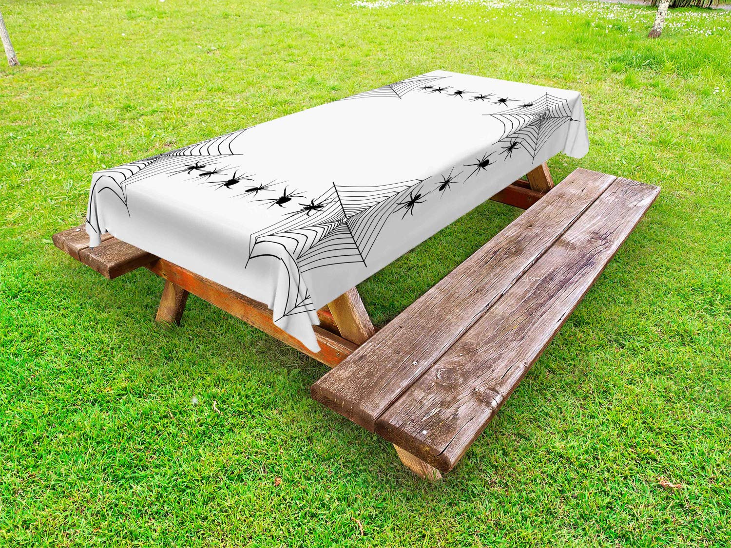 Ambesonne Halloween Outdoor Tablecloth - Creepy Venom Poison Trap Cartoon Monochrome Print, Washable Picnic Table Cover 58x120 Inches, White & Black for Spooky Party Decorations, Haunted House Dining, and Halloween Themed Events