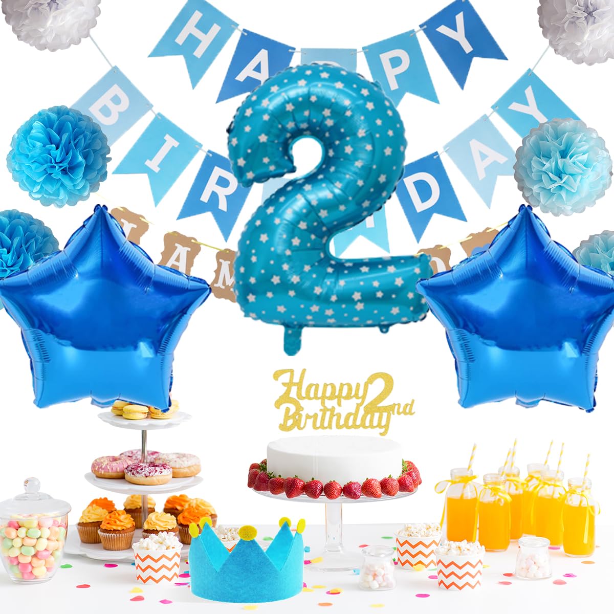 Blue 2nd Birthday Party Decorations for Boys - Prince Theme 2nd Birthday Party Supplies for Cake Smash, Photo Backdrop & Balloon Garland