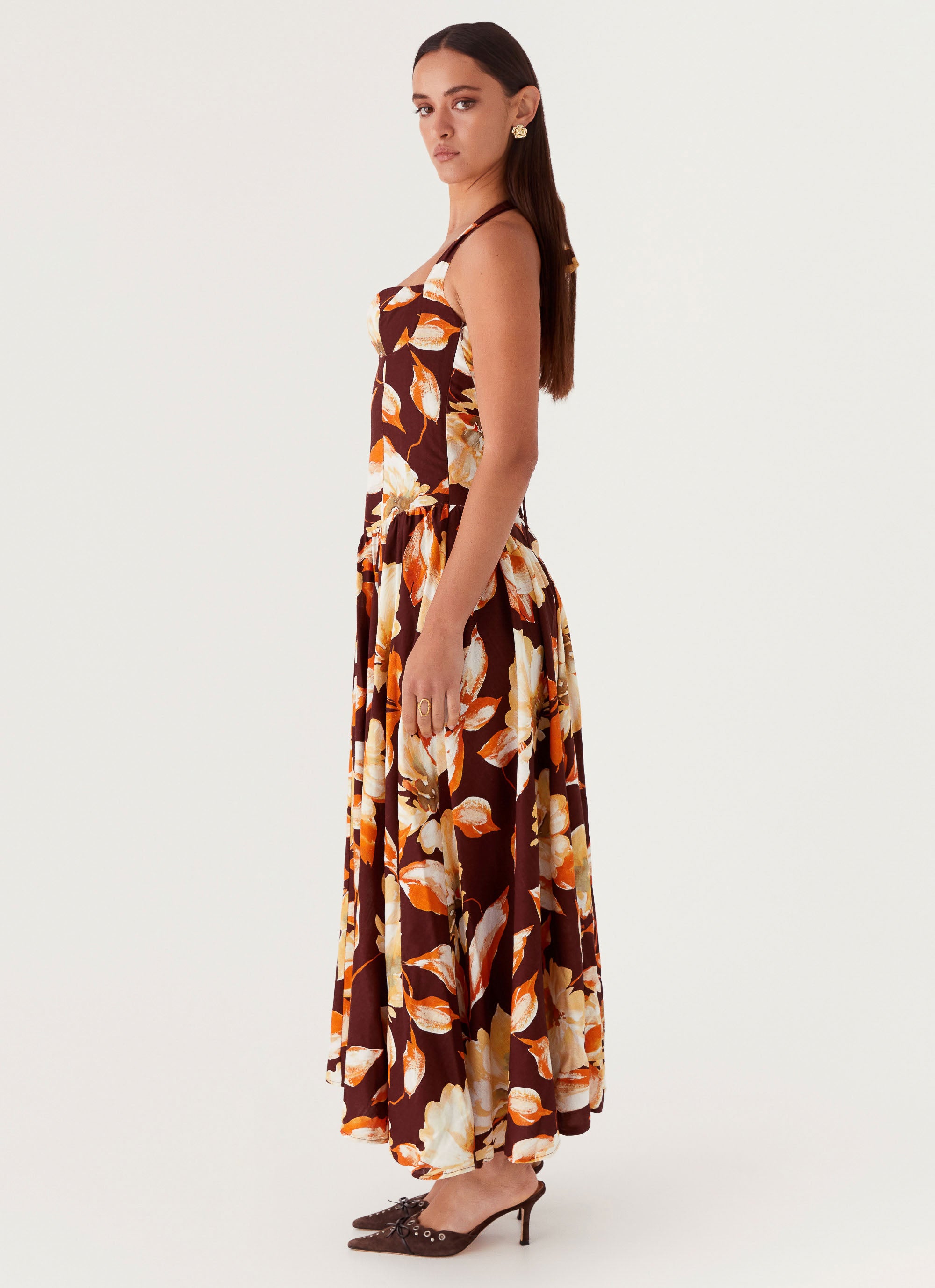 Dahlia Linen Maxi Dress - Brown Floral Print Summer Dress for Women | Boho Chic Beach Dress, Casual Sundress for Vacation & Outdoor Events