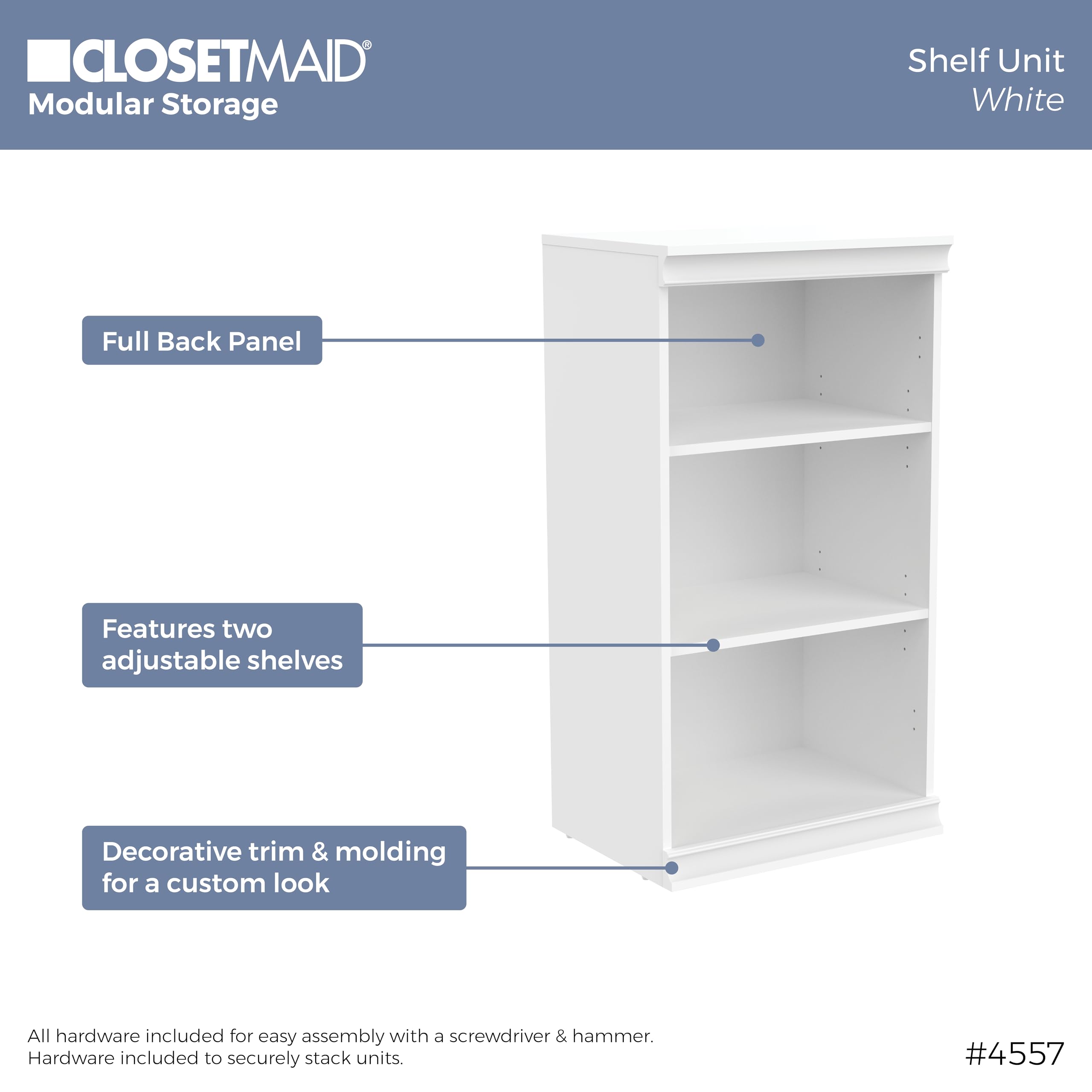 ClosetMaid 21.38-inch White Wooden Modular Closet Organizer with 3 Shelves & 4 Drawers - Space Saving Storage Solution for Bedroom, Closet, and Home Organization