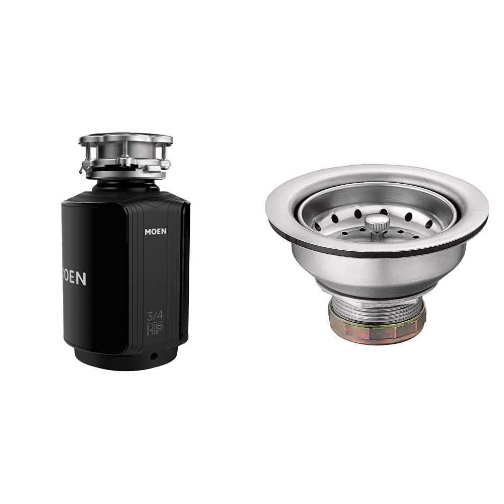Moen GXS75C 3/4 HP Continuous Feed Garbage Disposal with Sound Reduction - Power Cord Included - Stainless Steel Sink Strainer with Drain Assembly - Quiet Kitchen Waste Disposal System for Home & Restaurant Use