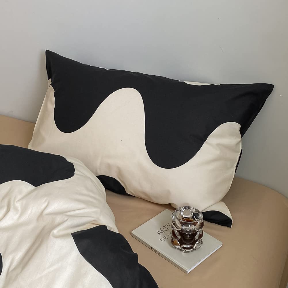 Modern Geometric Duvet Cover Set Twin - 100% Cotton Bedding with Cream White Black Cows Pattern - 3 Piece Comforter Cover for Single Bed | Perfect for Kids' Rooms, Guest Bedrooms & Contemporary Home Decor