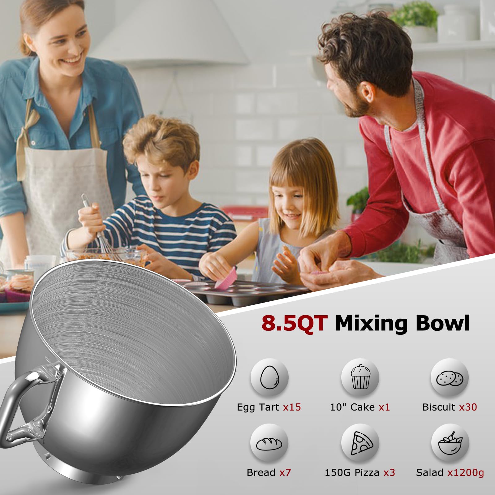 8.5Qt 660W Stand Mixer - 6-Speed Tilt-Head Electric Kitchen Mixer with Dough Hook, Whisk & Beater Attachments - Perfect for Baking Bread, Cookies, Cakes & Kneading Dough - Ideal for Home Bakers & Professional Kitchens