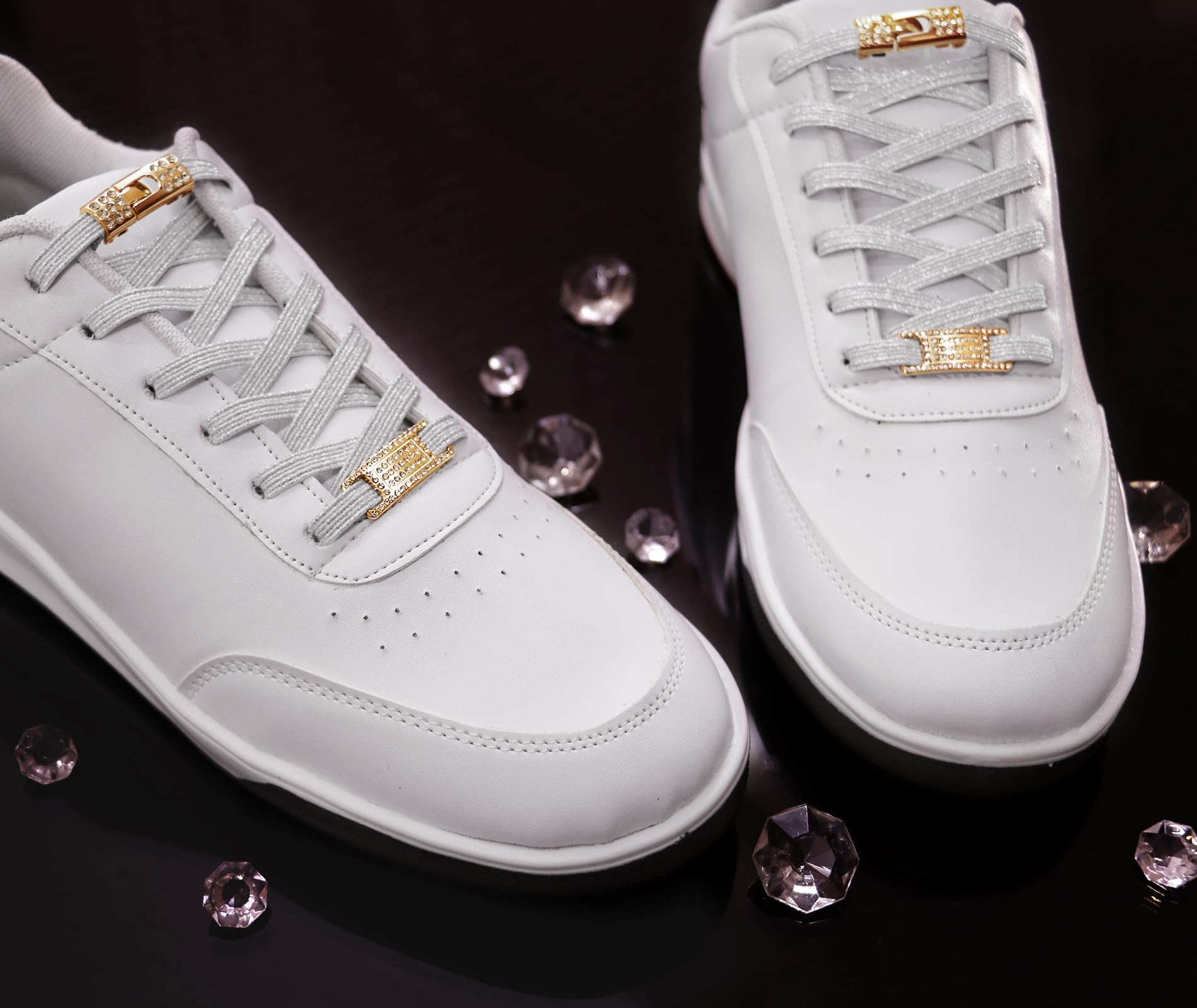 No-Tie Elastic Shoelaces with Bling Diamond Charms - Adjustable Fashion Laces for Women's Sneakers - Perfect for Running, Walking & Everyday Comfort