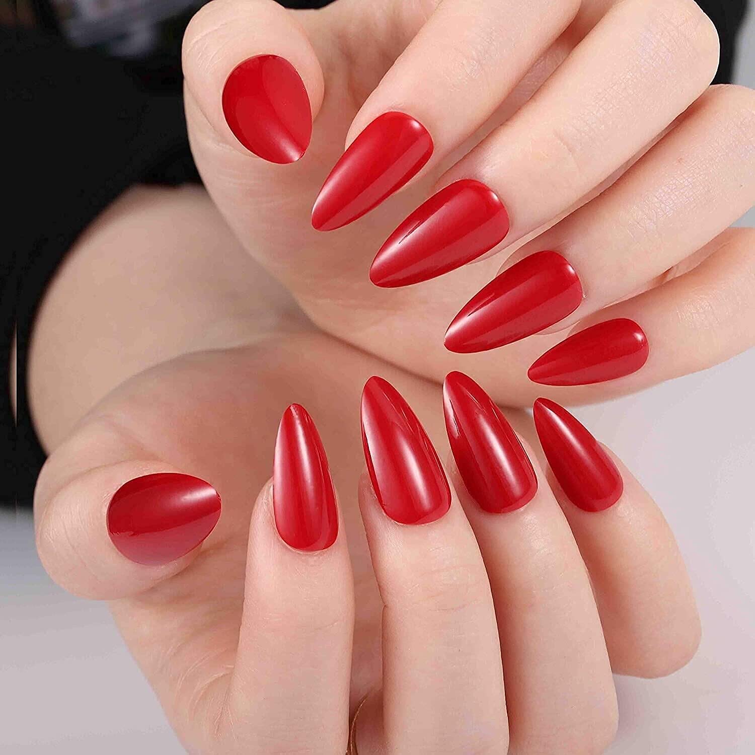 Mosako Stiletto Press-On Nails - Medium Length Glossy Red Fake Nails, 24Pcs Full Cover Stick-On Nail Tips for Women & Girls | Perfect for Parties, Weddings & Special Occasions
