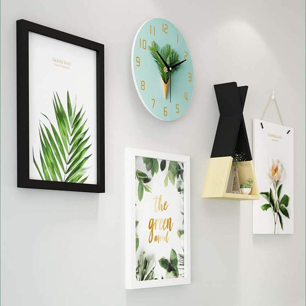 Modern Nordic Small Fresh Solid Wood Photo Wall with Green Plant Decor - 2 Photo Frames & 3 Accessories (Black+White) - Perfect for Living Room, Bedroom & Office Wall Decor