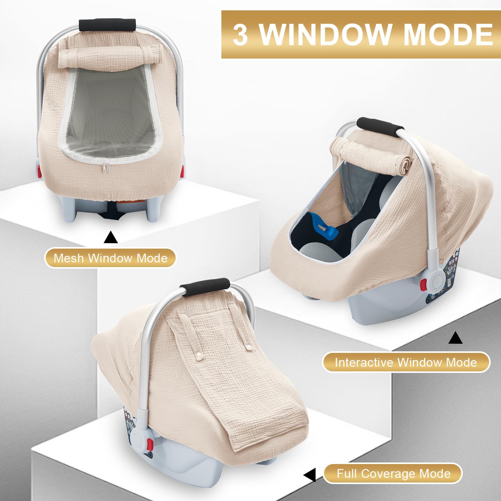 3 Layer Muslin Baby Car Seat Cover with Mesh Peek Window - Breathable Infant Car Seat Canopy for Winter - Windproof & Sun Protective Carrier Cover for Stroller - Perfect for Newborns, Travel & Outdoor Protection