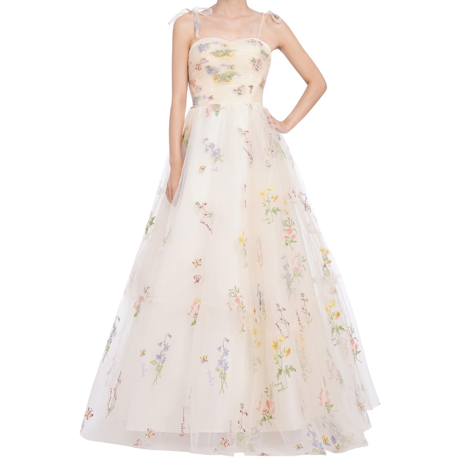 Floral Embroidered Maxi Dress for Women - Elegant Long Tulle Dress with Spaghetti Straps for Wedding, Formal Party, Prom & Special Occasions