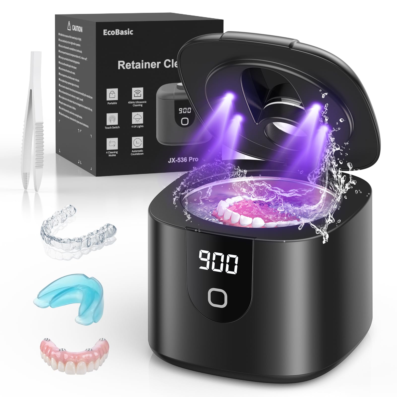 Ultrasonic Retainer Cleaner Machine - 45kHz with 4 Cleaning Modes & Digital Timer, 200ML Capacity for Dentures, Mouth Guards, Braces, Toothbrush Heads & Jewelry (Black) - Perfect for Dental Hygiene & Jewelry Care at Home