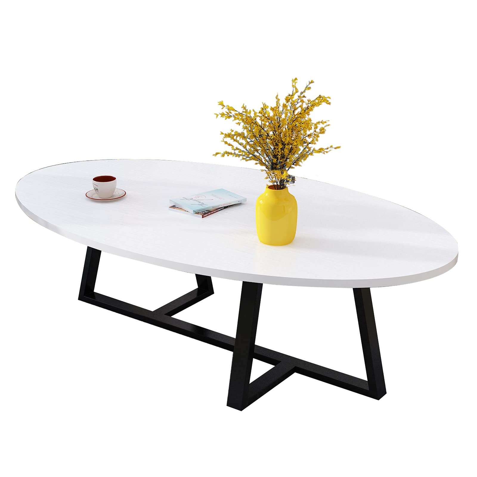 Japanese Oval Low Coffee Table - 100x50x45cm E1 Eco-Friendly Board with Carbon Steel Frame | Modern Living Room Furniture for Small Spaces, Tea Ceremony & Lounge Areas (Color E)