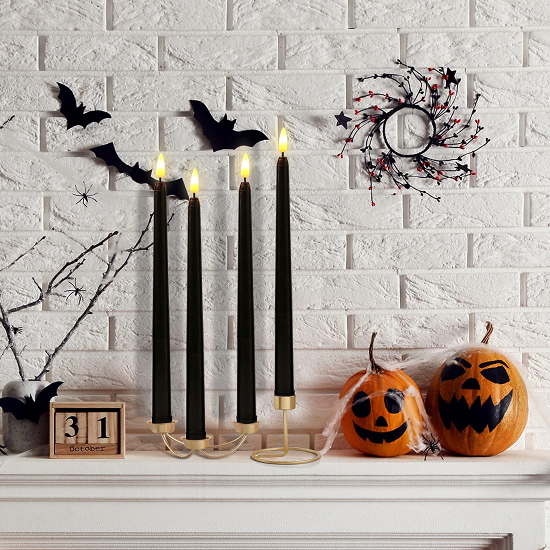 Black Halloween Flameless Taper Candles with Remote Timer - Set of 12 Flickering Battery LED Candlesticks for Spooky Decor, Haunted Houses & Gothic Weddings