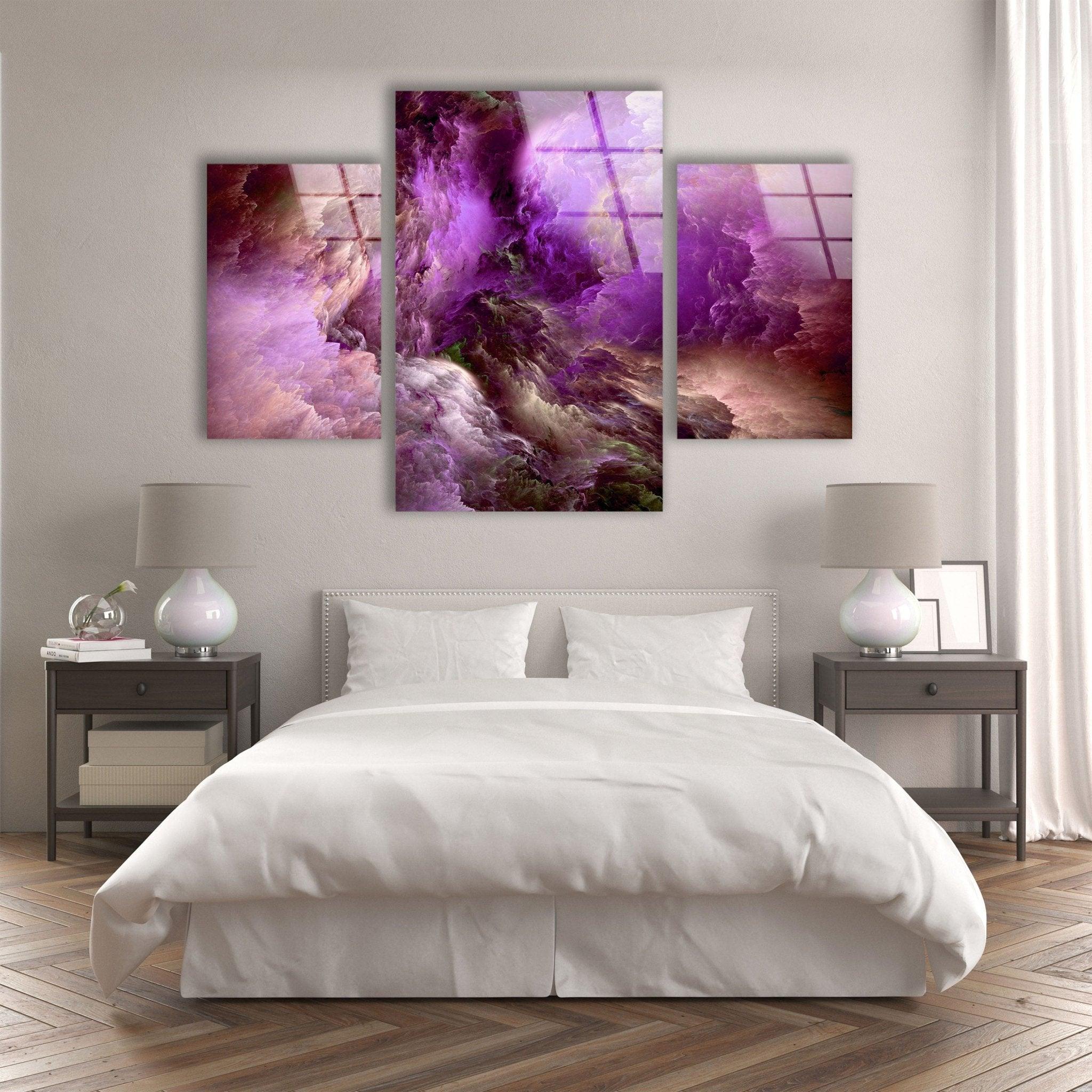 Abstract Purple Clouds Glass Wall Art - Modern Handmade Glass Decor for Living Room, Bedroom & Office - Elegant Home & Office Decoration