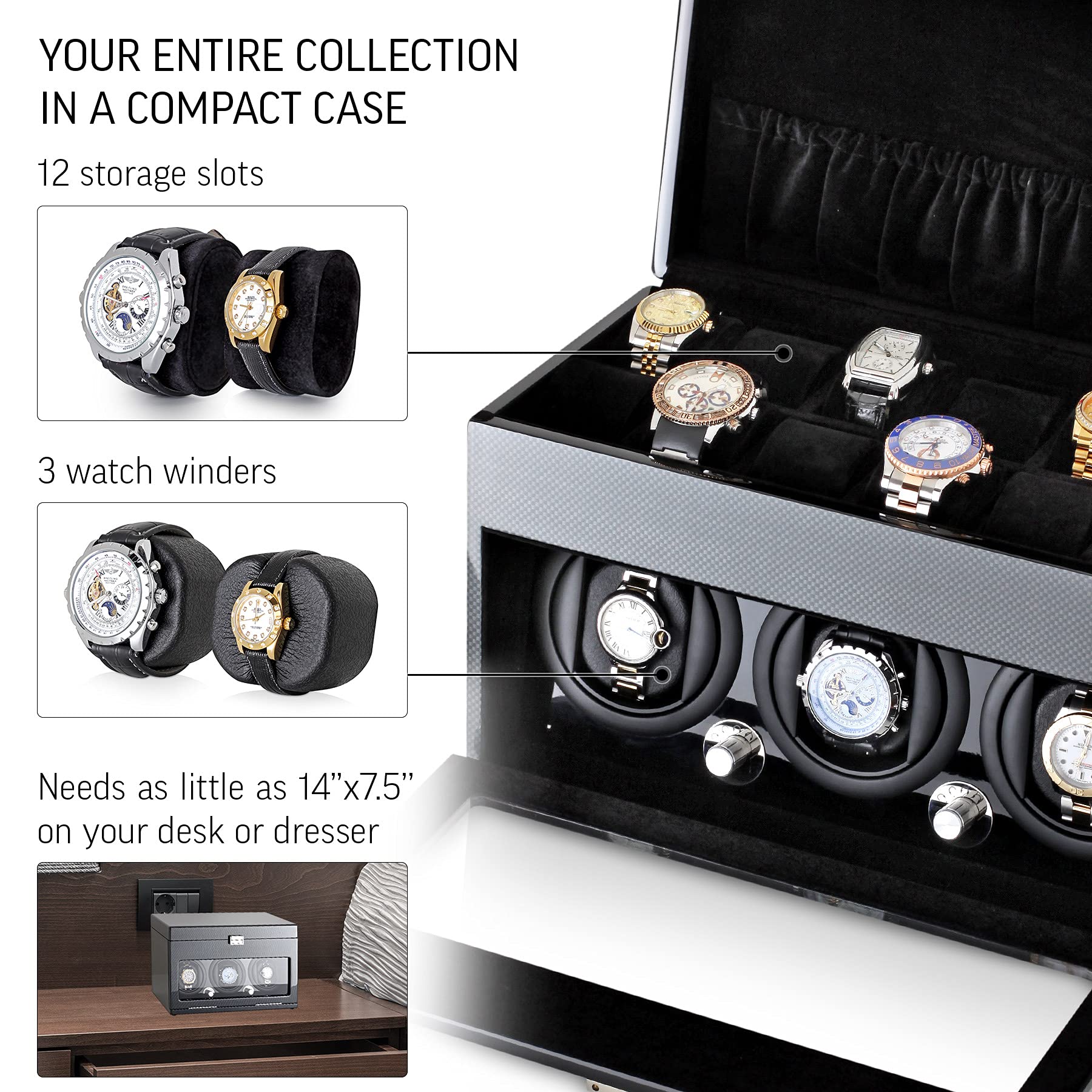 Premium Watch Winder & Storage Box - Holds 3 Automatic Watches & 12 Watch Storage | Perfect for Watch Collectors, Luxury Watch Display & Travel Watch Case