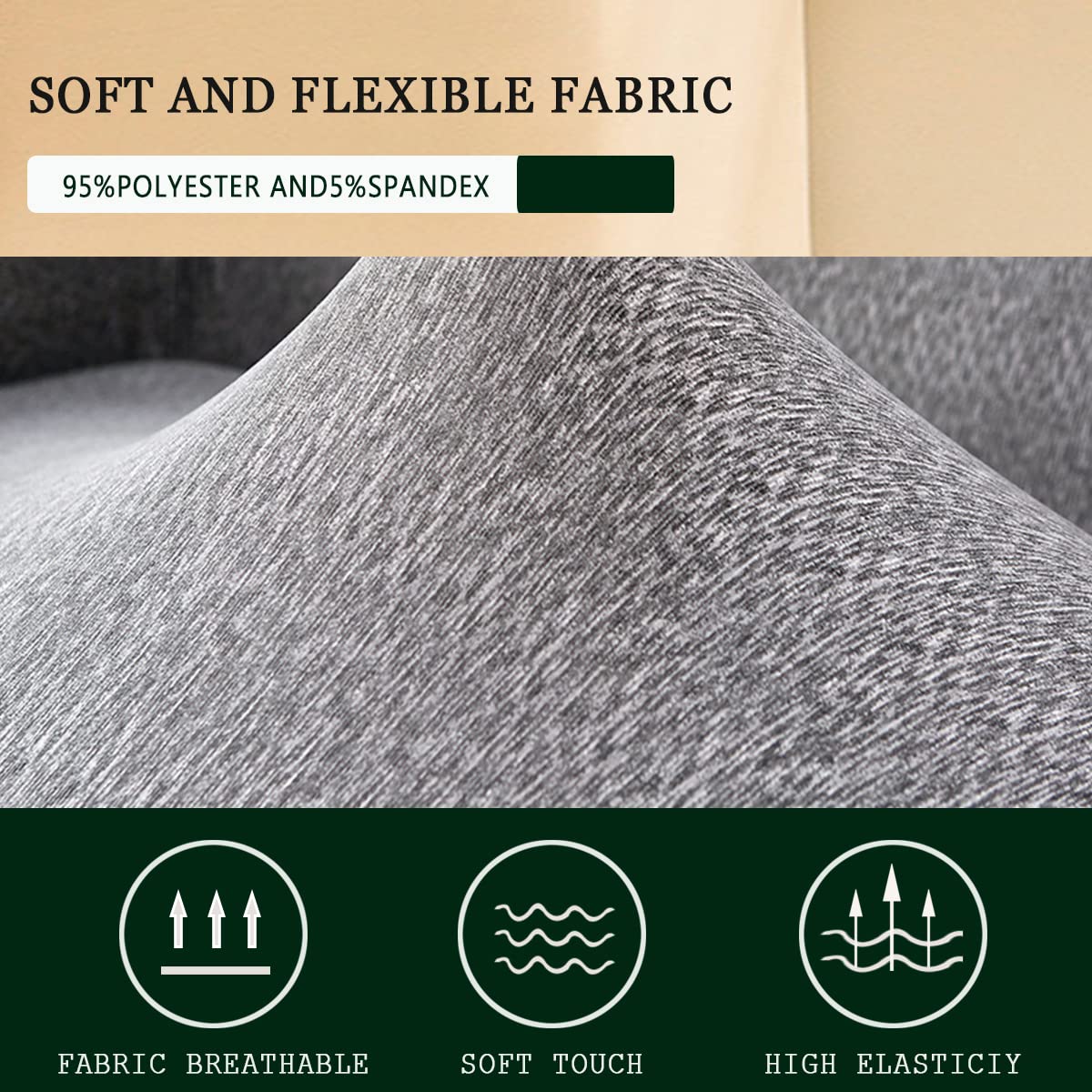 Stretch Sofa Cover for 3-Seat Couch - Light Grey Furniture Protector Slipcover | Waterproof & Anti-Slip Living Room Couch Cover for Pets, Kids & Daily Use