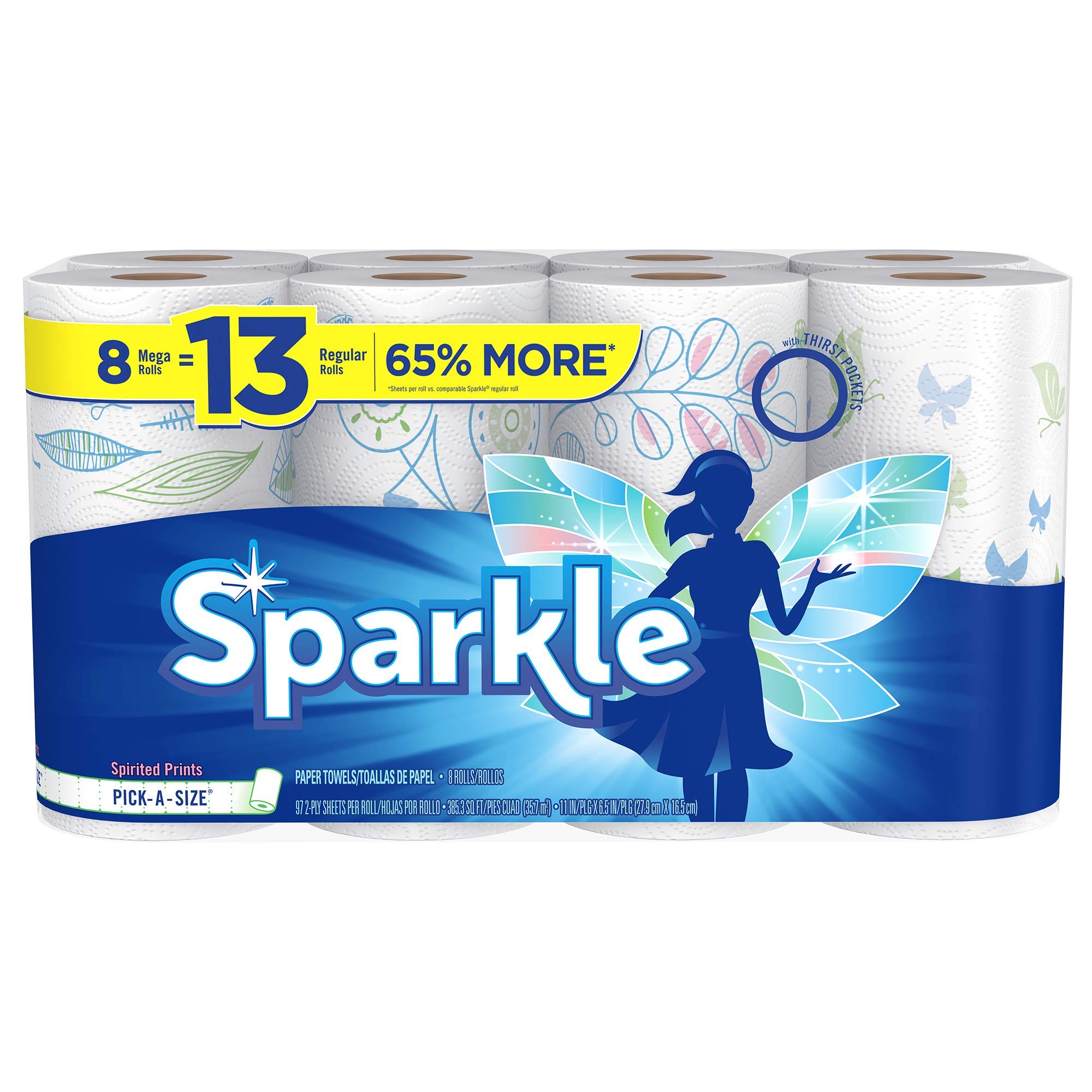 Sparkle Paper Towels, 8 Mega Rolls (Equal to 16 Regular Rolls) | Spirited Prints Design | Ultra Absorbent & Strong | Perfect for Kitchen Cleaning, Spills & Household Use