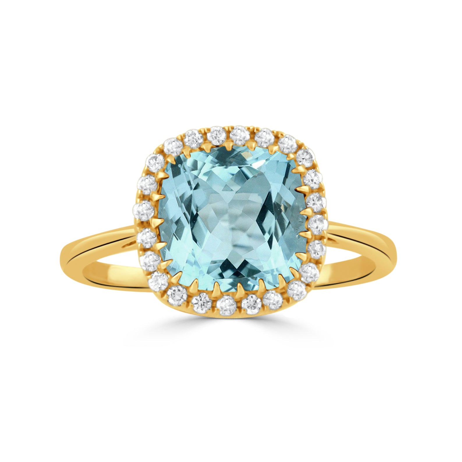 18K Yellow Gold Blue Topaz & Diamond Halo Ring for Women - Elegant Cushion Cut Gemstone Engagement, Wedding, Anniversary Jewelry Gift