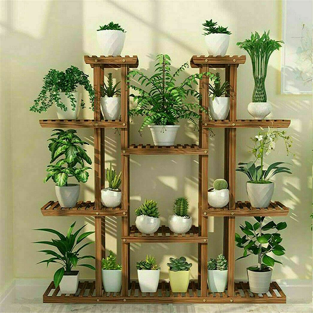 Multi-Tier Wood Flower Stand - 46 Inch Tall Plant Shelf with 16 Potted Display Spaces for Indoor & Outdoor Use - Perfect for Patio, Garden, Balcony and Home Decor (Brown)