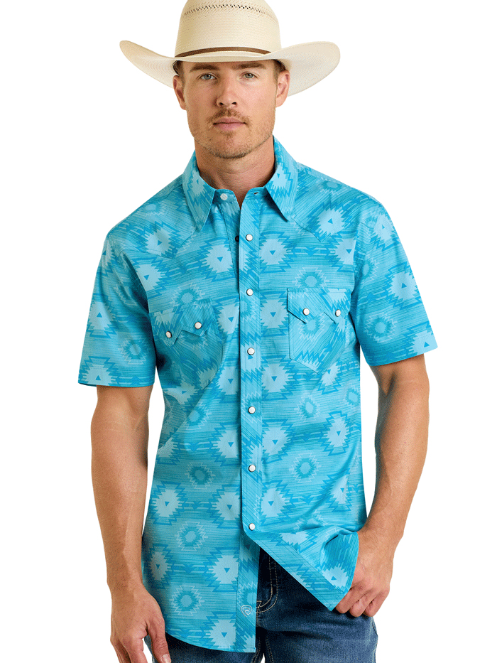 Rock & Roll Denim Men's Aztec Print Short Sleeve Snap Button Shirt - Turquoise Western Style Shirt for Casual Wear, Music Festivals & Summer Outfits