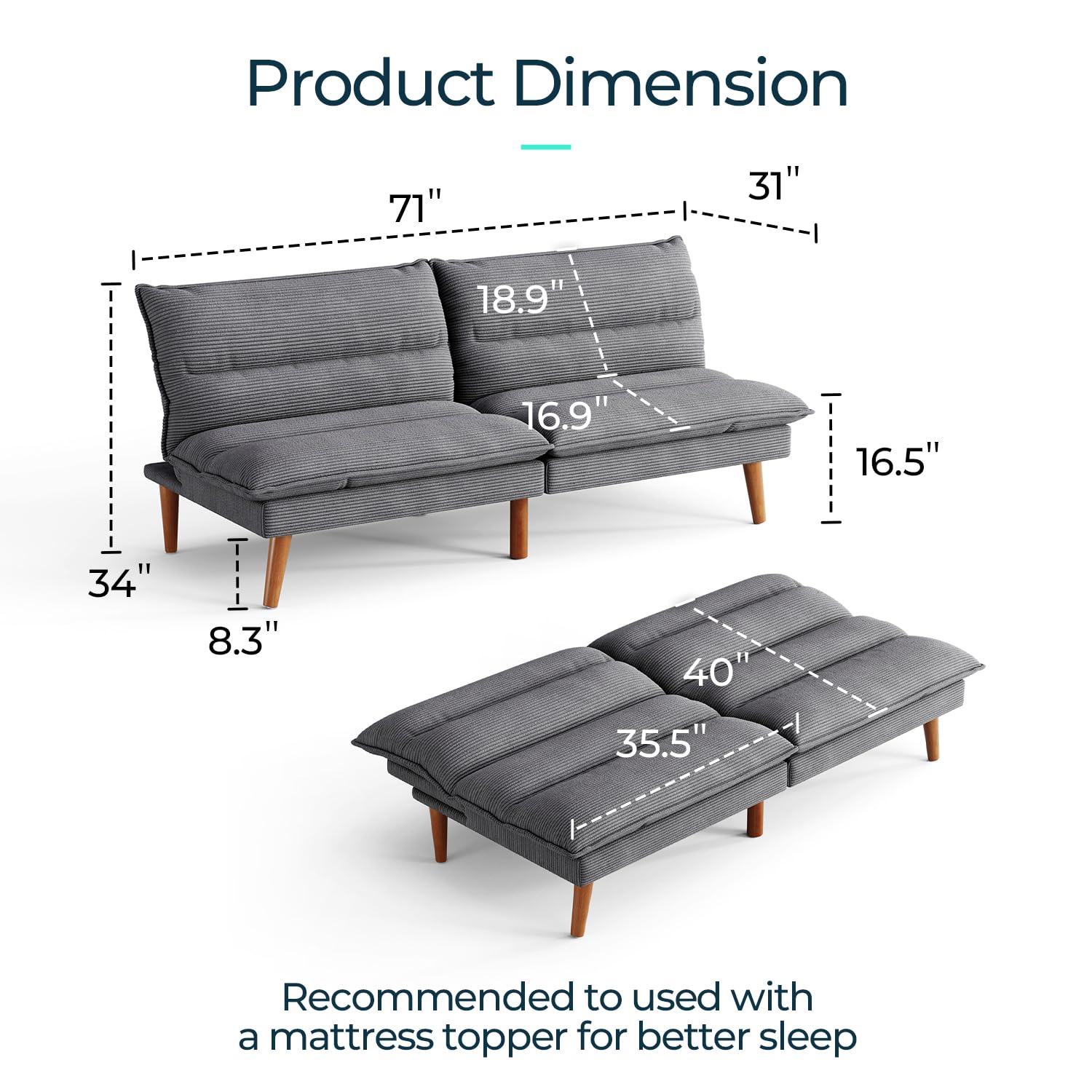 LINSY Adjustable Backrest Corduroy Futon Sofa Bed - Convertible Folding Sleeper Couch for Small Spaces, Living Room, Apartment & Office (Dark Grey) | Perfect for Guest Beds, Studio Apartments and Multi-Functional Furniture Needs