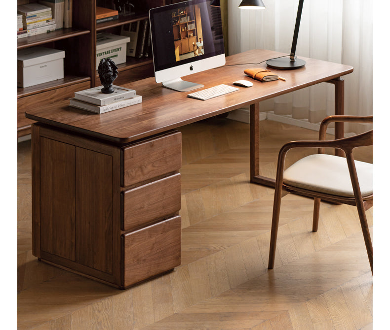 Premium Black Walnut Solid Wood Desk with Built-in Storage Cabinet - Modern Home Office Workstation for Professionals & Remote Workers