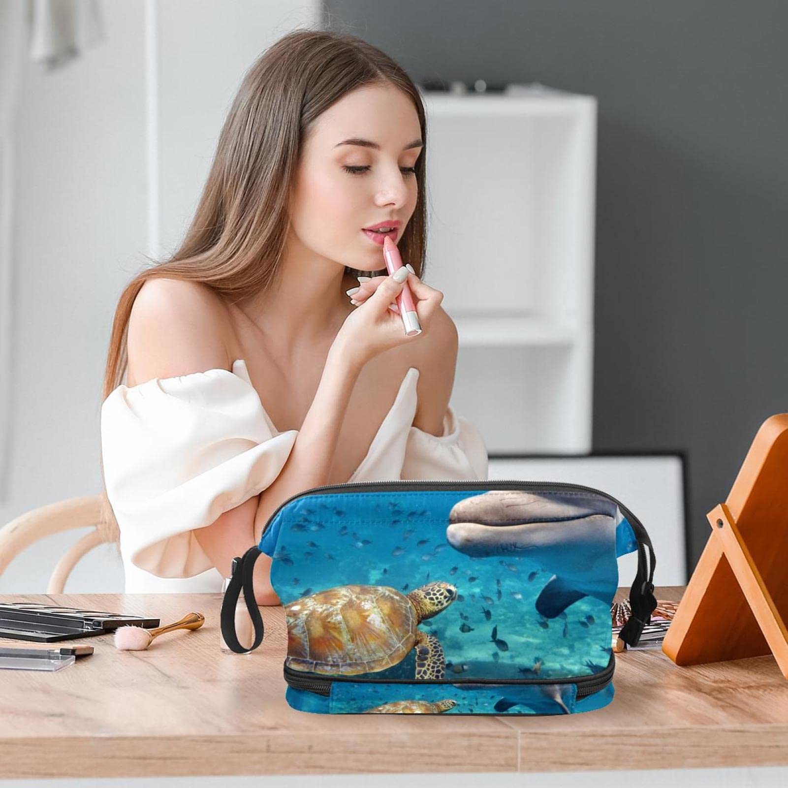 Waterproof Makeup Bag for Women - Large Travel Cosmetic Organizer with Brush Holder, Dolphin & Sea Turtle Design - Perfect for Travel, Gym, and Daily Use