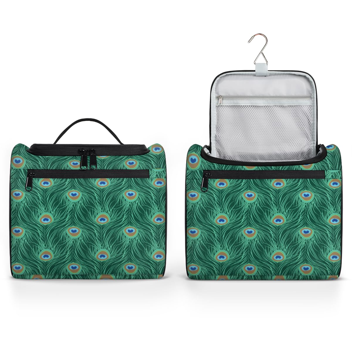 Green Peacock Feather Toiletry Bag for Women - Waterproof Makeup Organizer with Compartments, Perfect for Travel & Bathroom Storage