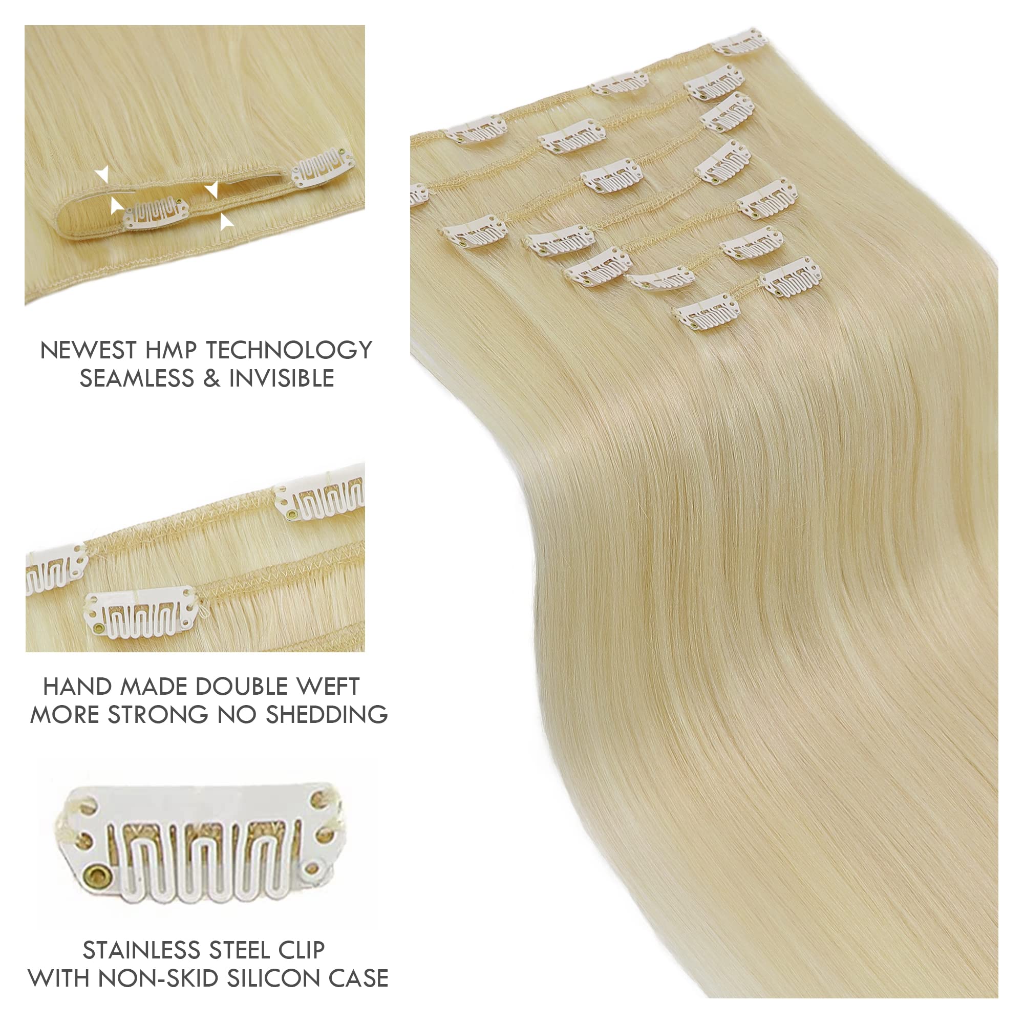 Platinum Blonde Clip In Hair Extensions 14 Inch - 7PCS Real Human Hair 120g Double Weft for Volume & Length - Perfect for Parties, Weddings & Everyday Styling