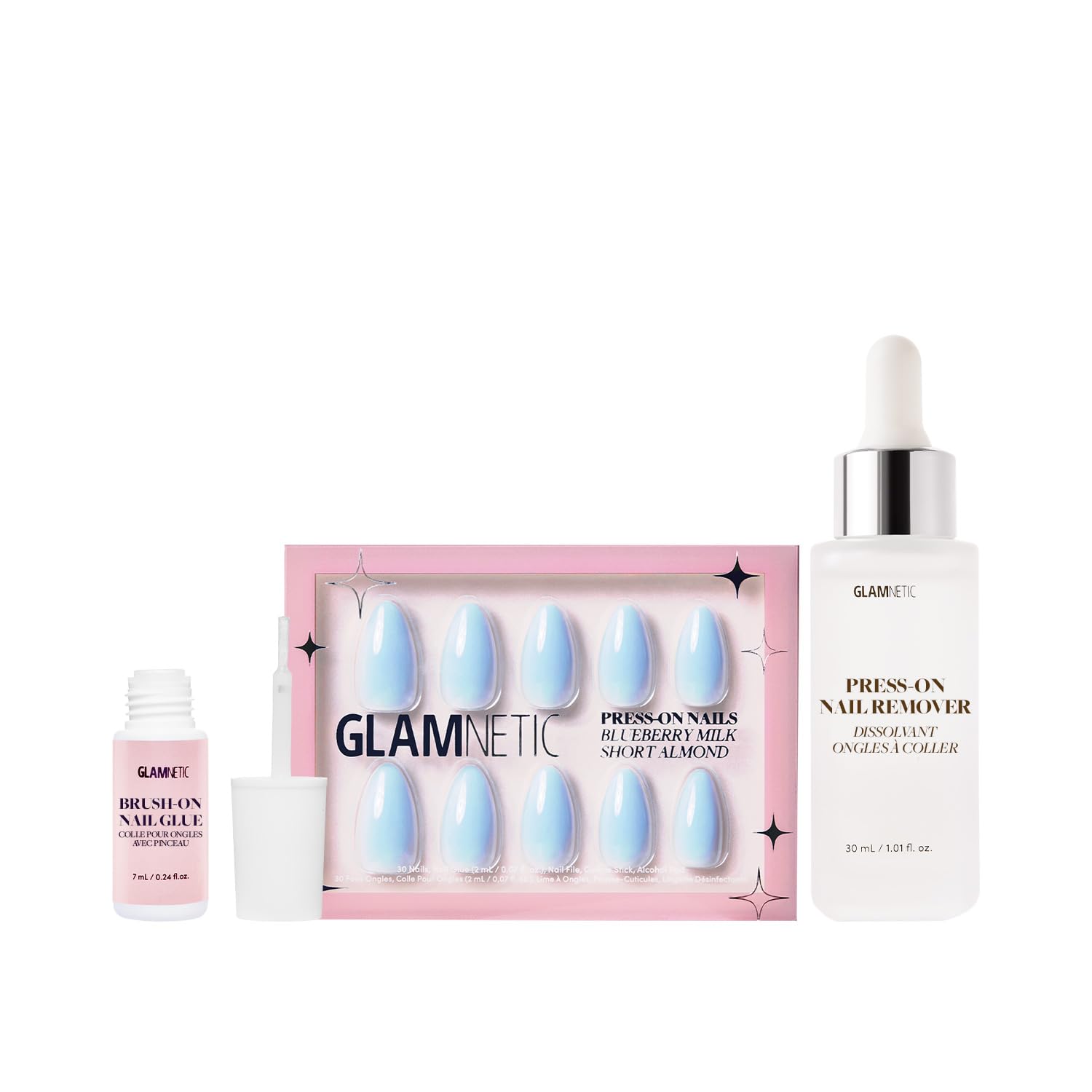Glamnetic Press On Nails - Light Blue Short Almond Fake Nails with Nail Glue & Remover | Reusable False Nails Kit (15 Sizes, 30 Count) for Parties, Weddings & Everyday Wear