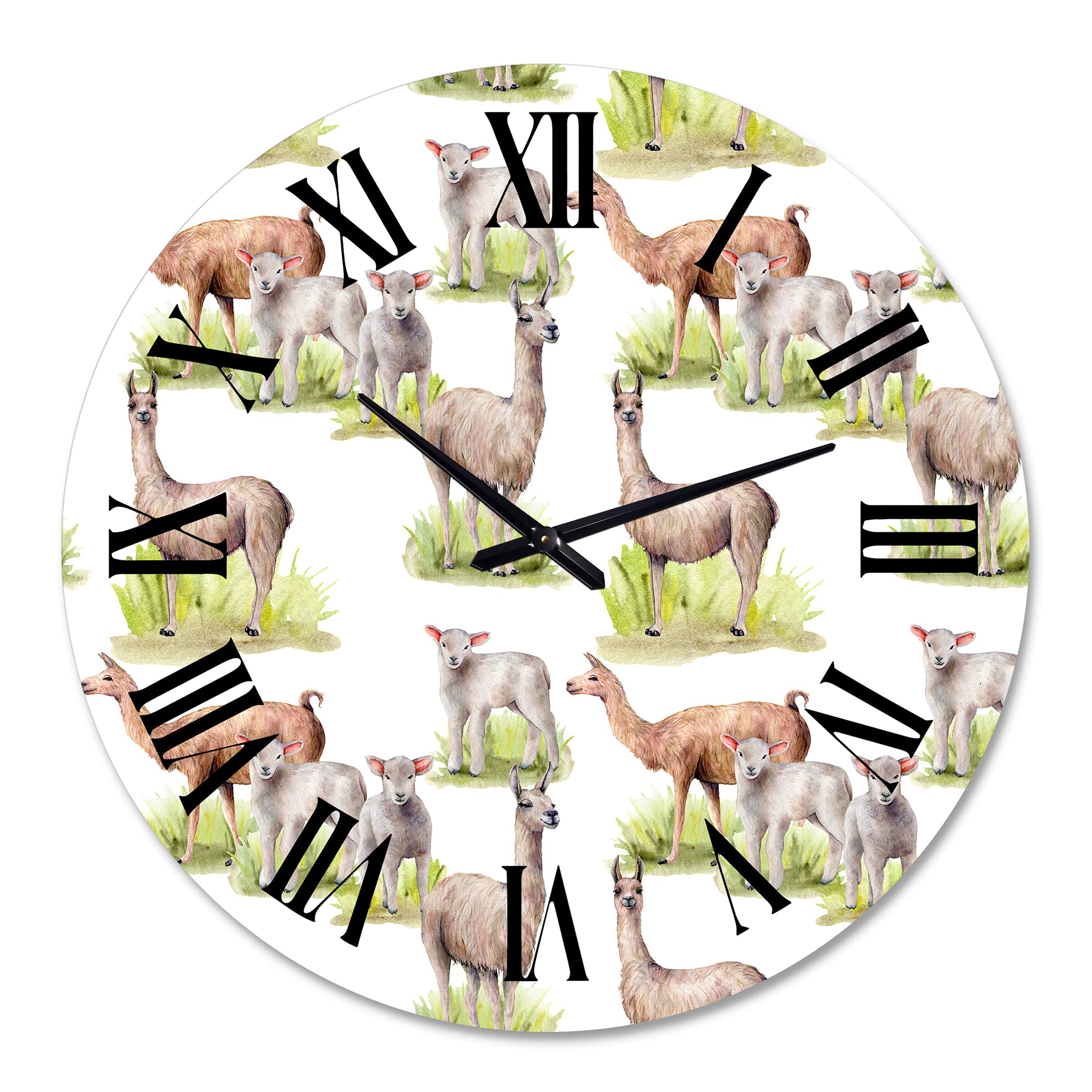 Farmhouse Wall Clock - 'Lamas and Lambs On A Green Meadow' Large Rustic Wall Decor for Living Room, Bedroom & Kitchen | Perfect for Home, Office & Cabin Decor