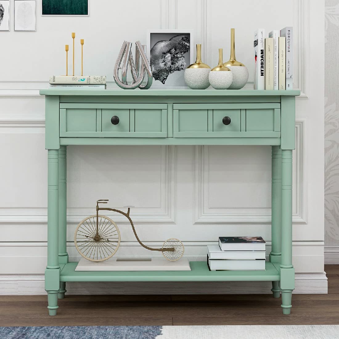 Vintage Retro Blue Console Table with 2 Drawers & Open Shelf - Sturdy Metal Frame Entryway Hallway Furniture for Living Room, Bedroom & Office (WF191267AAC) - Perfect for Home Decor, Small Space Storage & Entryway Organization