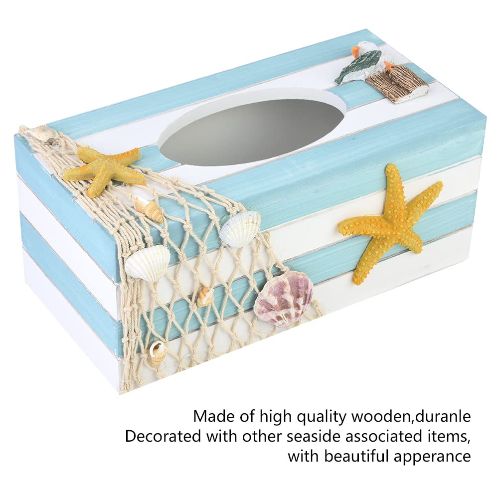 Modern Wooden Tissue Holder Cube Box - Decorative Napkin Box Cover with Starfish Design - Perfect for Bathroom, Living Room & Office Decor