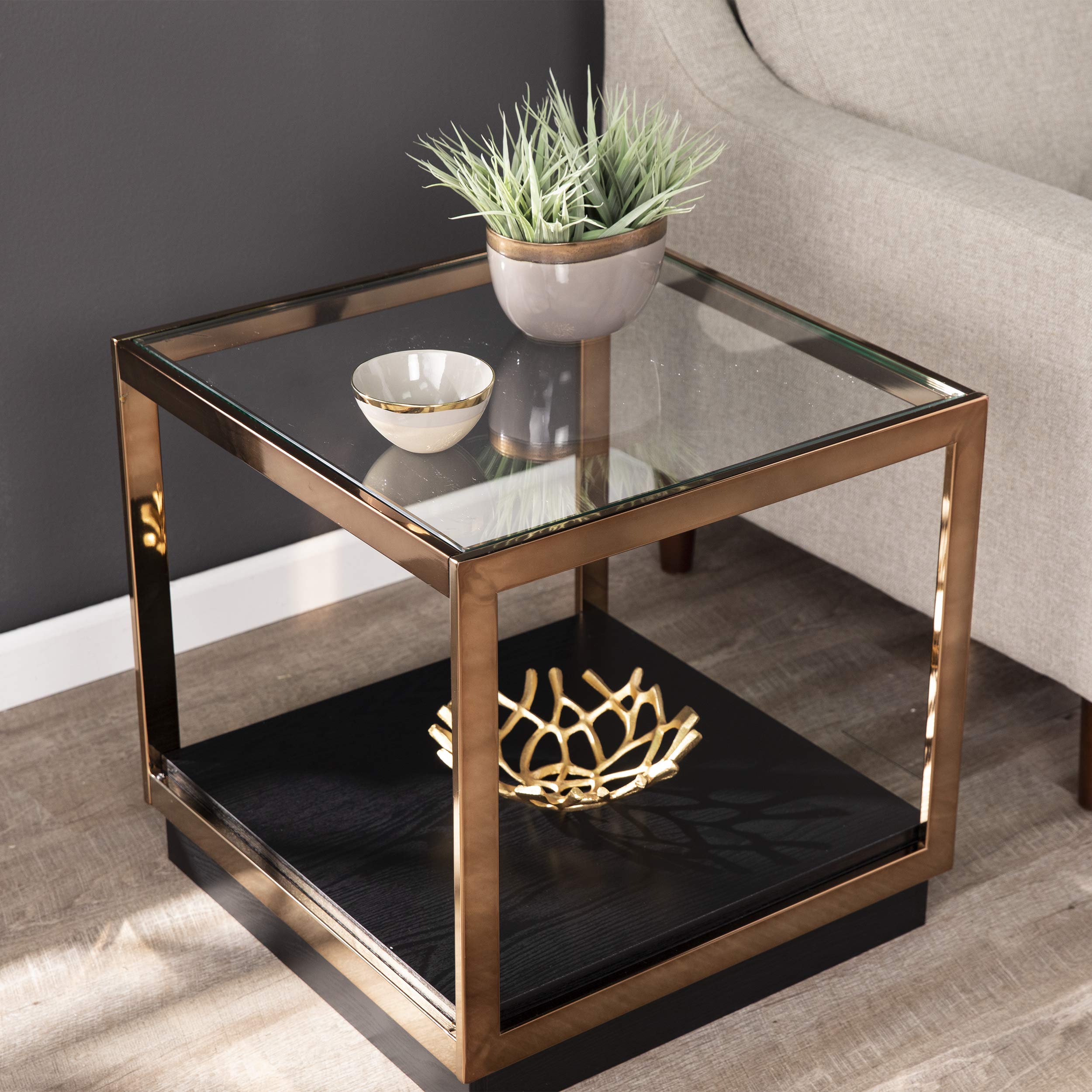 SEI Lexina End Table - Modern Nightstand with Storage Shelf, Champagne & Black Finish - Perfect for Living Room, Bedroom, or Office Side Table