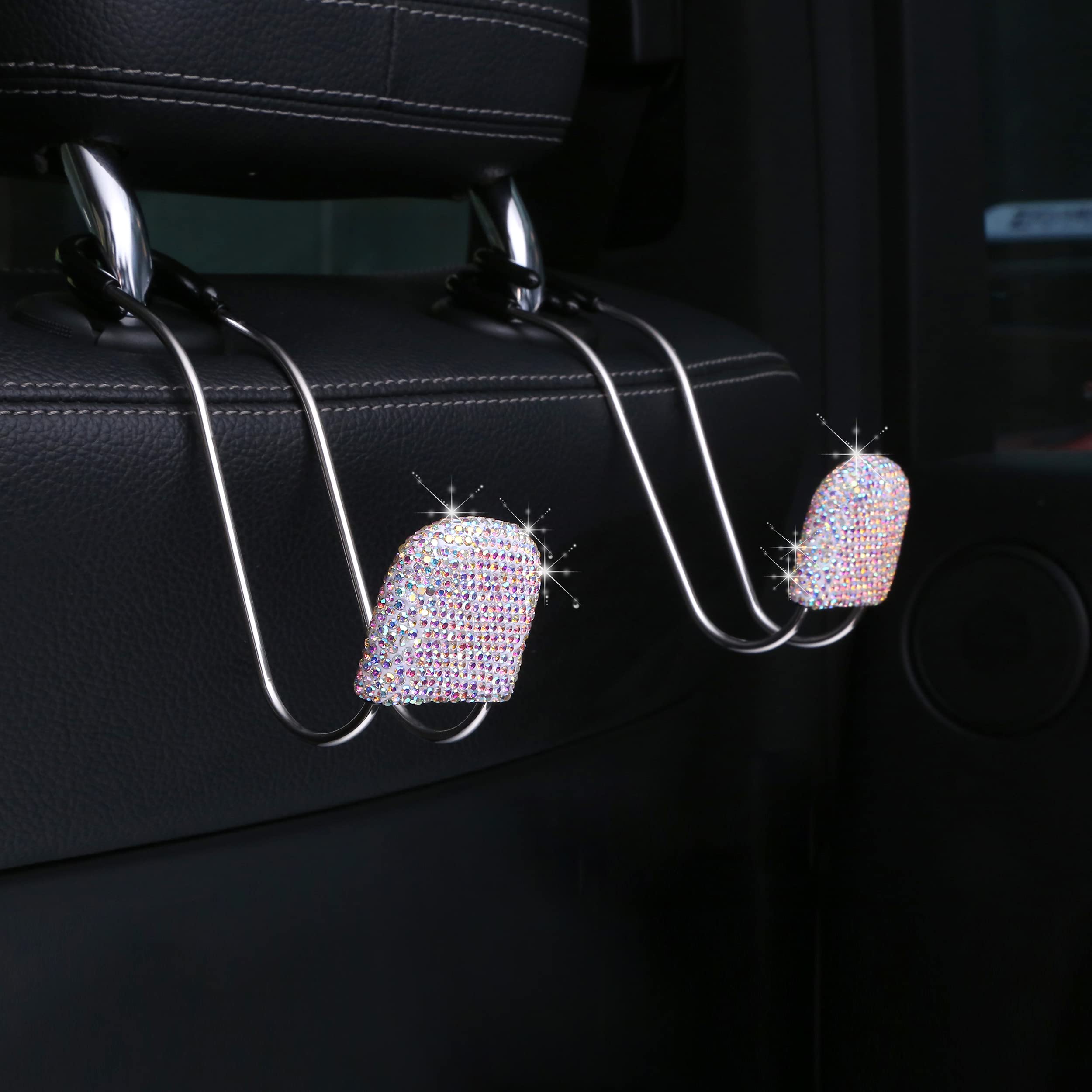 Universal Bling Car Seat Back Hook - Stainless Steel Rhinestone Headrest Hook for Purse, Handbag, Grocery Bag & Umbrellas - 2PCS (AB) - Perfect for Car Organization & Stylish Storage Accessories