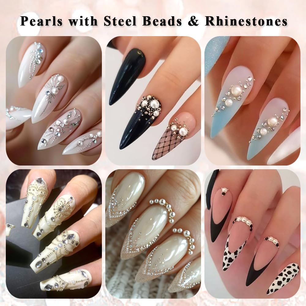 3 Boxes Nail Art Charms Kit - Gold Silver Mini Metal Caviar Beads, White Round Pearls, Flatback Rhinestones with Dotting Tools for Manicure & Nail Decoration | Perfect for DIY Nail Art, Salon Use, and Gift Giving
