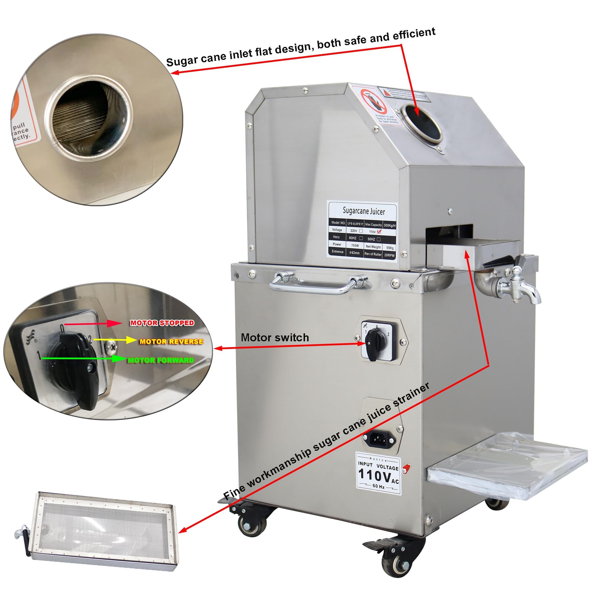 Electric Sugar Cane Juicer Machine - 300Kg/H Commercial Vertical Sugarcane Press with 3 Stainless Steel Rollers & 2 Knives - 110V for Fresh Juice Bars, Restaurants, and Home Use